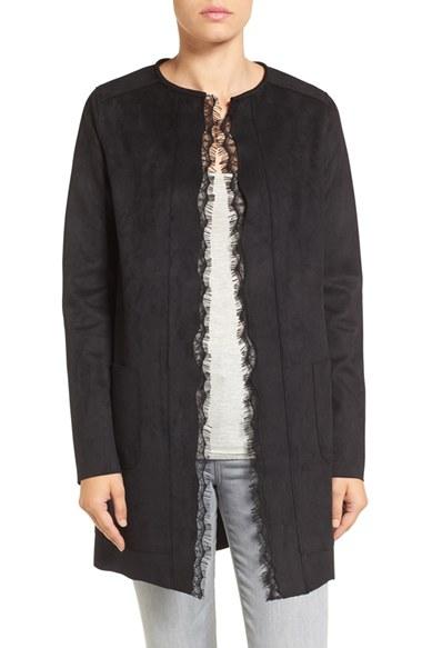 Women's T Tahari Rosemary Lace Trim Faux Suede Coat