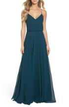 Women's Jenny Yoo Inesse Chiffon V-neck Spaghetti Strap Gown - Blue/green