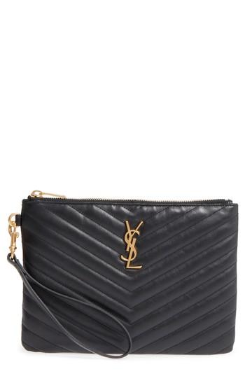 Women's Saint Laurent 'small Monogram' Print Leather Wristlet - Black