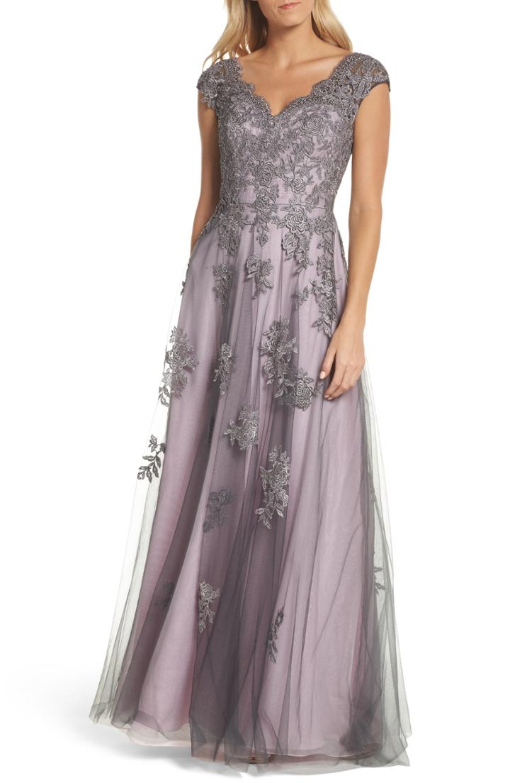 Women's La Femme Embellished Mesh A-line Gown