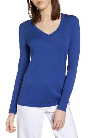 Women's Halogen Cotton Blend V-neck Sweater - Blue