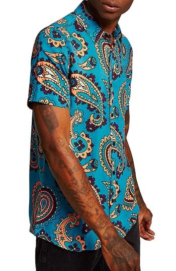 Men's Topman Paisley Woven Shirt - Blue