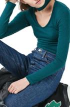 Women's Topshop Long Sleeve Choker Collar Crop Top Us (fits Like 0) - Green