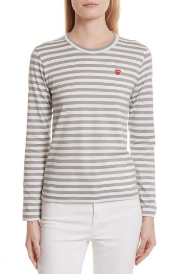 Women's Comme Des Garcons Play Heart Stripe Tee - Grey