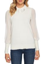 Women's Cece Crystal Collar Detail Mixed Media Sweater, Size - White