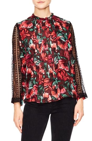 Women's Sandro Fleur Lace Trim Blouse - Red
