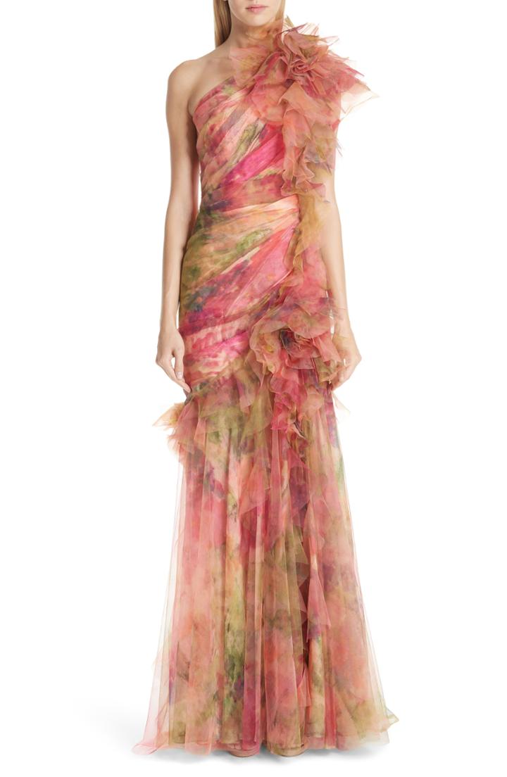 Women's Marchesa Floral One-shoulder Silk Evening Dress - Coral