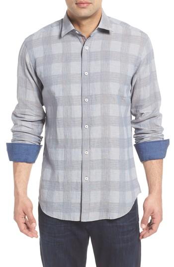 Men's Bugatchi Shaped Fit Check Linen Blend Sport Shirt - Beige