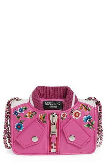 Moschino Embroidered Floral Bomber Jacket Leather Shoulder Bag - Purple