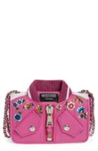 Moschino Embroidered Floral Bomber Jacket Leather Shoulder Bag - Purple