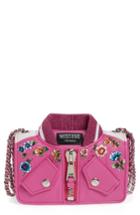 Moschino Embroidered Floral Bomber Jacket Leather Shoulder Bag - Purple