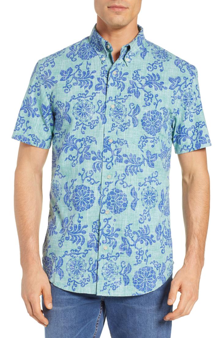 Men's Reyn Spooner Royal Chrysanthemums Regular Fit Sport Shirt, Size - Green