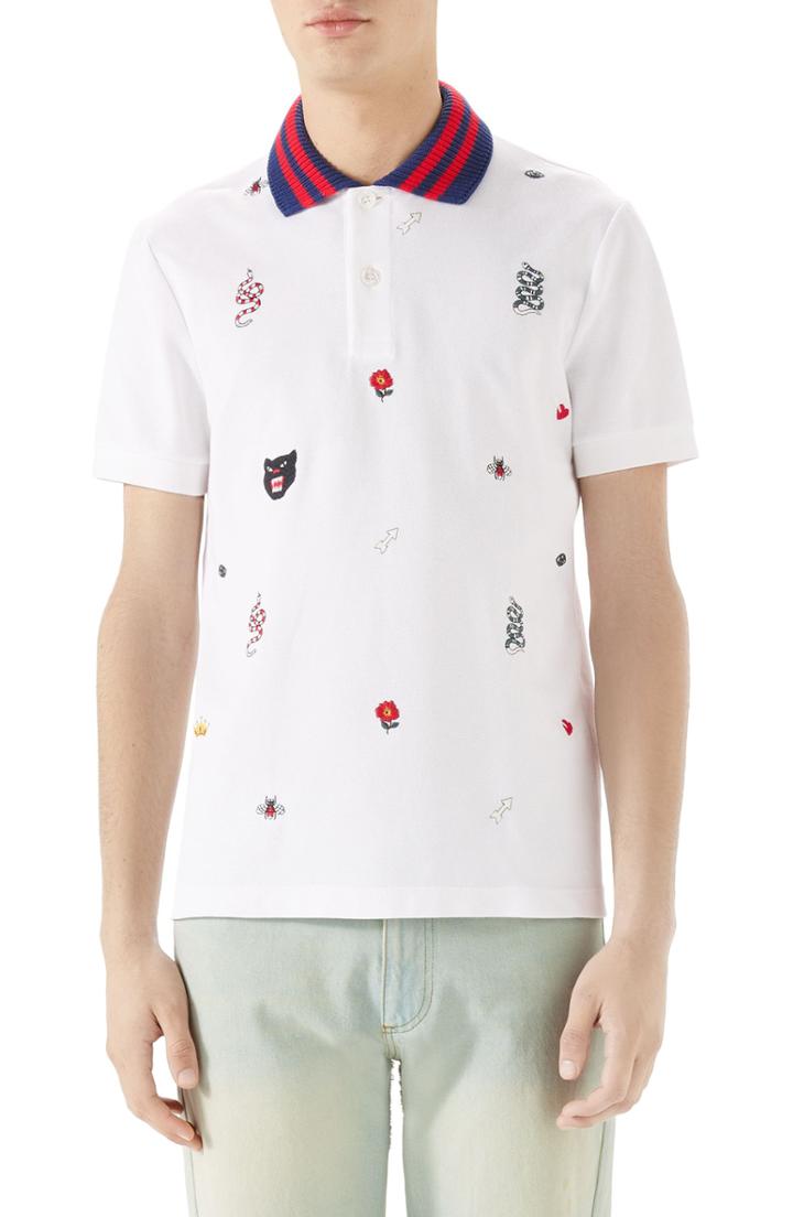 Men's Gucci Embroidered Pique Polo, Size - White