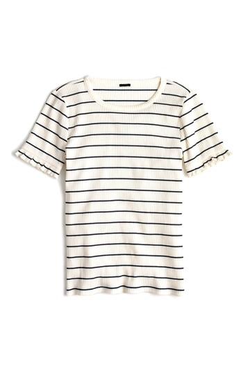 Women's J.crew Ribbed Stripe Tee With Ruffle Sleeves, Size - Ivory