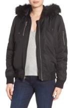 Women's French Connection 'varsity' Hooded Bomber Jacket With Faux Fur Trim - Black