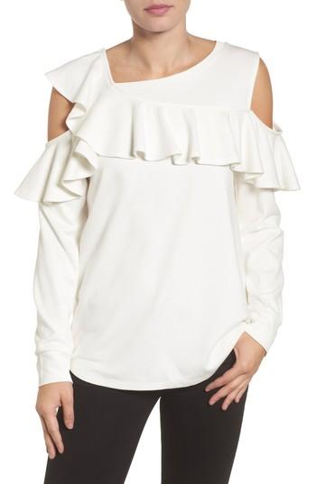 Women's Halogen Asymmetrical Ruffle Cold Shoulder Top - White