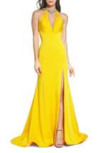 Women's Mac Duggal Jewel Neck Mermaid Gown - Yellow