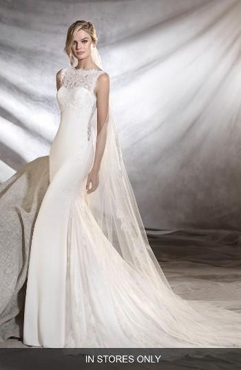 Women's Pronovias Oreste Crepe & Lace Mermaid Gown
