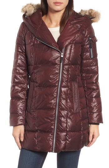 Women's Andrew Marc Down & Feather Fill Coat With Genuine Coyote Fur - Burgundy