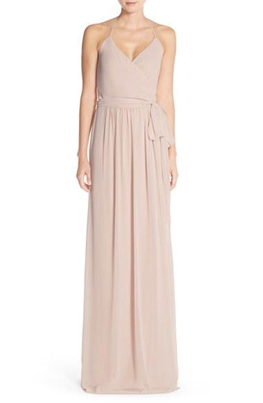 Women's Ceremony By Joanna August 'dc' Halter Wrap Chiffon Gown - Beige