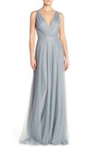 Women's Monique Lhuillier Bridesmaids Back Cutout Pleat Tulle Gown - Grey