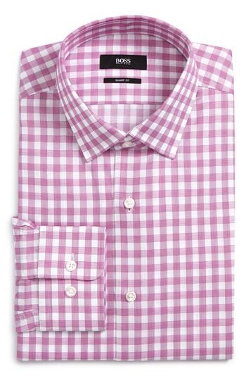 Men's Boss Sharp Fit Plaid Dress Shirt .5r - Pink