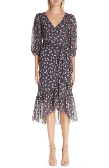 Women's Ganni Floral Print Wrap Dress Us / 40 Eu - Blue