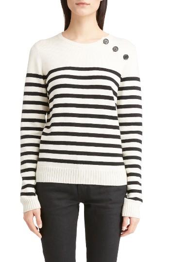 Women's Saint Laurent Button Detail Stripe Sweater - White