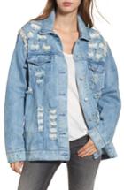 Women's Love, Fire Embellished Ripped Denim Jacket - Blue