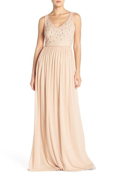 Women's Adrianna Papell Beaded Bodice V-neck Chiffon Gown