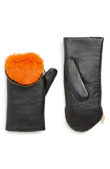 Women's Aristide Genuine Rabbit Fur Lined Lambskin Leather Zip Mittens - Orange