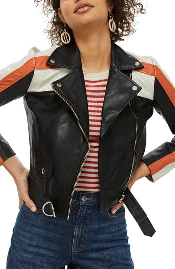 Women's Topshop Ezra Motorcross Leather Biker Jacket Us (fits Like 6-8) - Black