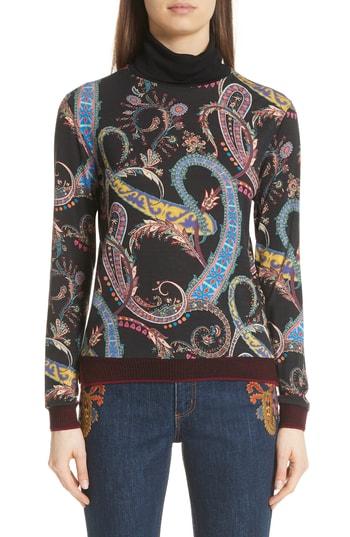 Women's Etro Paisley & Heart Wool Blend Turtleneck Sweater Us / 42 It - Black