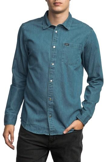 Men's Rvca Mason Snap Front Chambray Shirt, Size - Blue