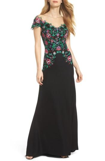 Women's Tadashi Shoji Embroidered Illusion Gown - Black
