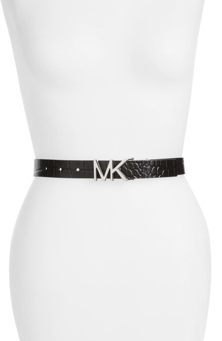 Women's Michael Michael Kors Croc Embossed Leather Belt - Black/ Acorn Pol Nickel