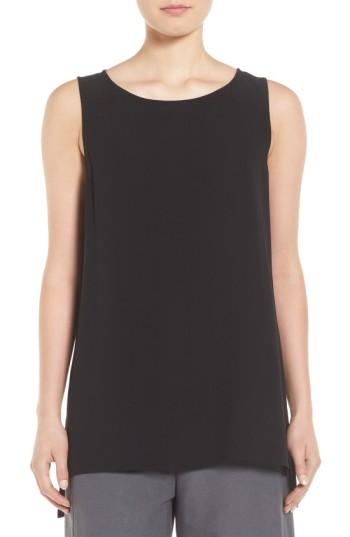 Women's Eileen Fisher Silk Crepe Bateau Neck Shell, Size - Black