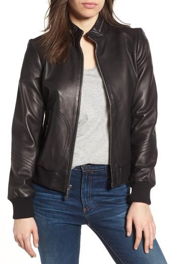 Women's Michael Michael Kors Leather Bomber Jacket - Black