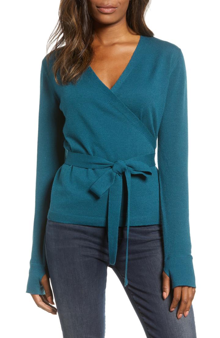Women's Caslon Off-duty Ballet Tie Front Sweater, Size - Blue/green