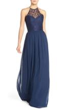 Women's Hayley Paige Occasions Lace & Chiffon Halter Gown - Blue