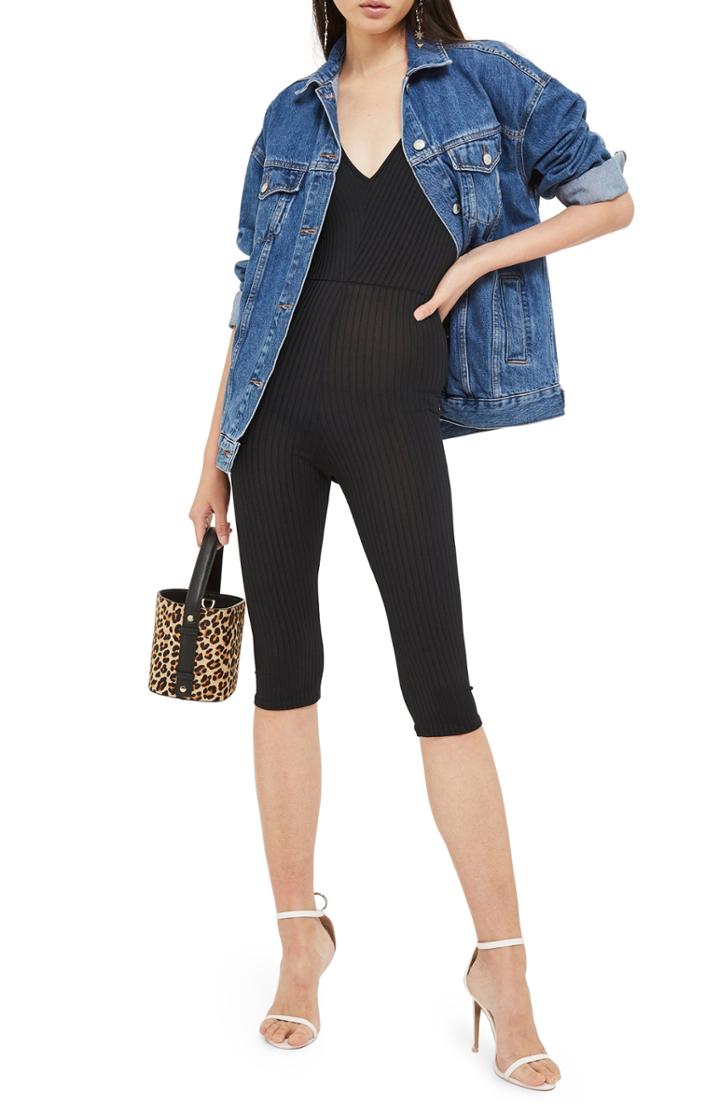 Women's Topshop Ribbed Crop Jumpsuit Us (fits Like 0) - Black