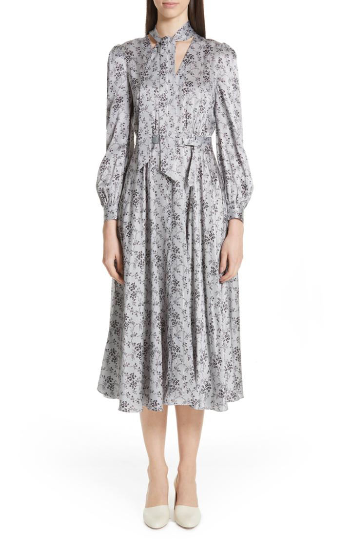 Women's Co Floral Print Tie Neck Silk Dress - Blue