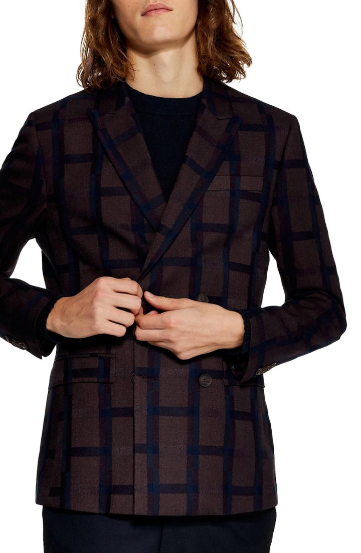 Men's Topman Skinny Fit Double Breasted Check Blazer R - Burgundy