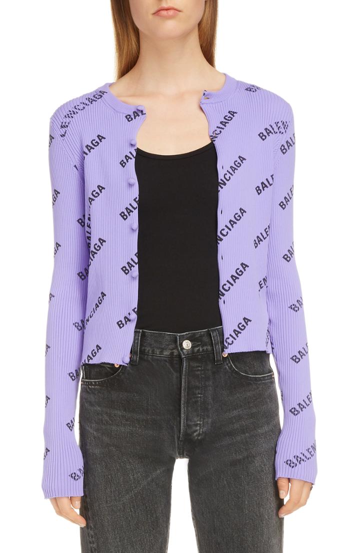 Women's Balenciaga Logo Print Rib Knit Cardigan
