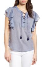 Women's Caslon Flounce Sleeve Lace-up Blouse - Blue