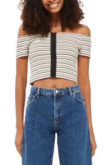 Women's Topshop Stripe Off The Shoulder Crop Top Us (fits Like 0-2) - Black