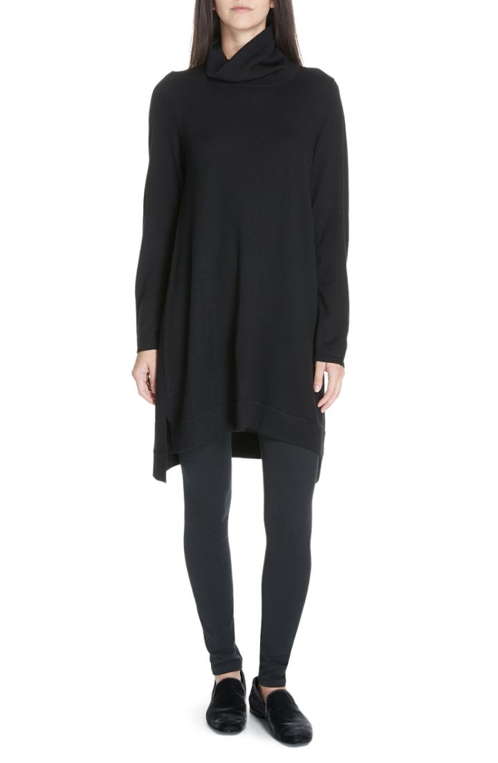 Women's Eileen Fisher Drapey Turtleneck Wool Dress - Black