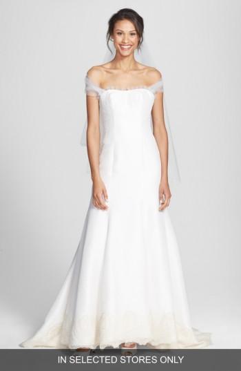 Women's Olia Zavozina 'savannah' Removable Illusion Halter Lace Trim Silk Shantung Gown, Size In Store Only - Ivory