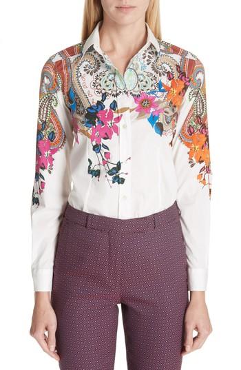Women's Etro Lily & Paisley Print Stretch Poplin Shirt Us / 40 It - White
