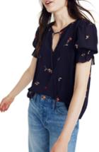 Women's Madewell Embroidered Zephyr Ruffle Sleeve Top, Size - Blue